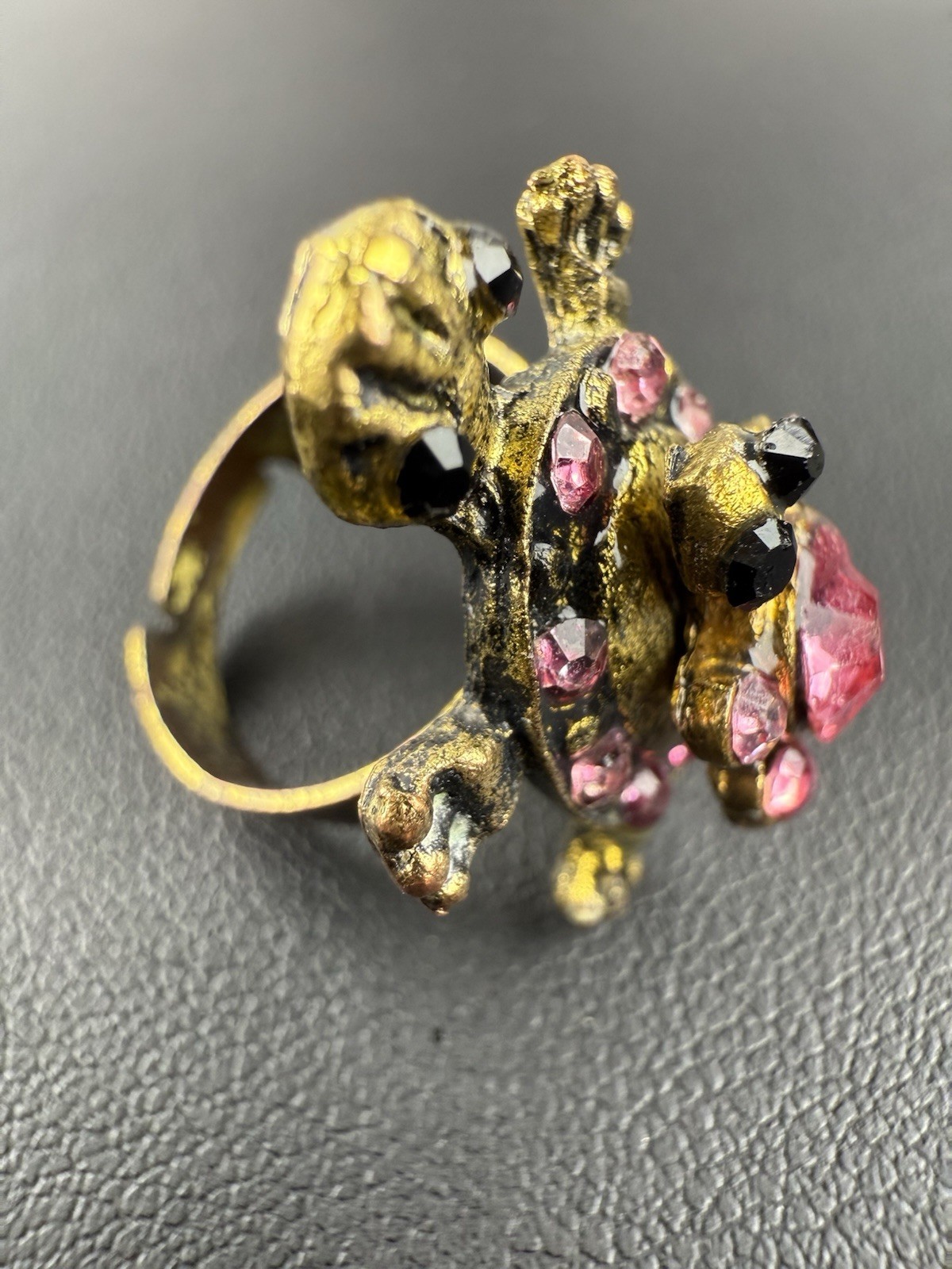 Gold Tone Pink Rhinestone Double Turtle Ring Size 5-7 Jewelry