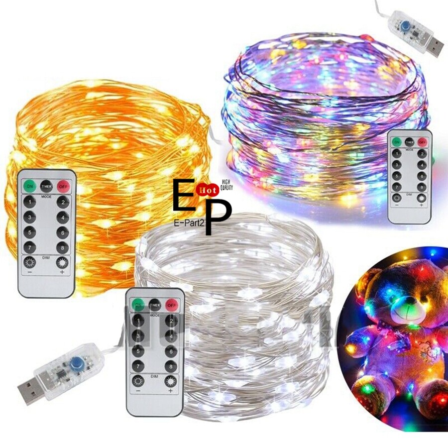 USB Plug Twinkle LED String Fairy Lights Silver Wire With Remote  50 100 200 LED