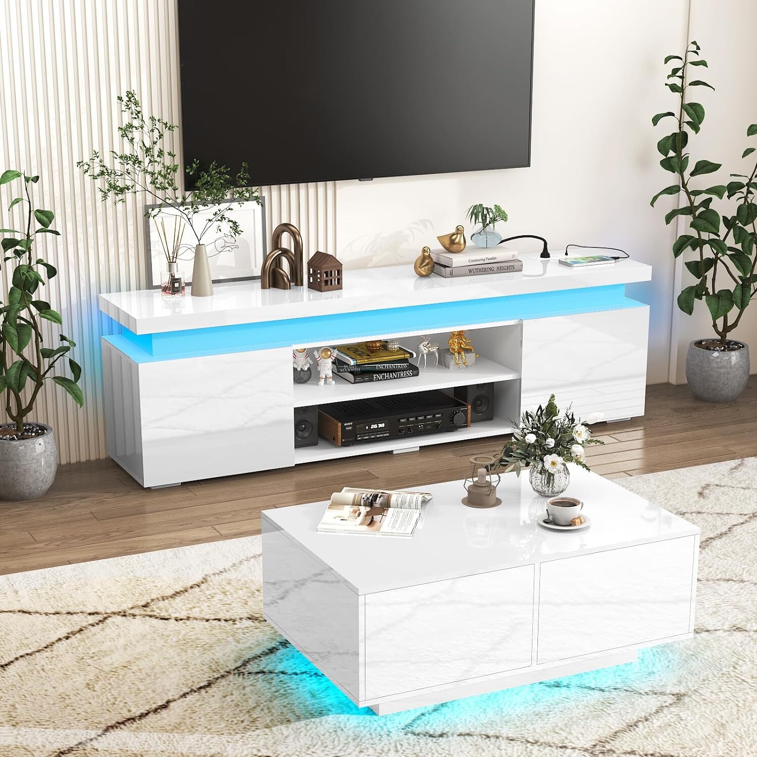 66"/75" Modern High Gloss LED TV Stand, Entertainment Center for 75"/85" TV