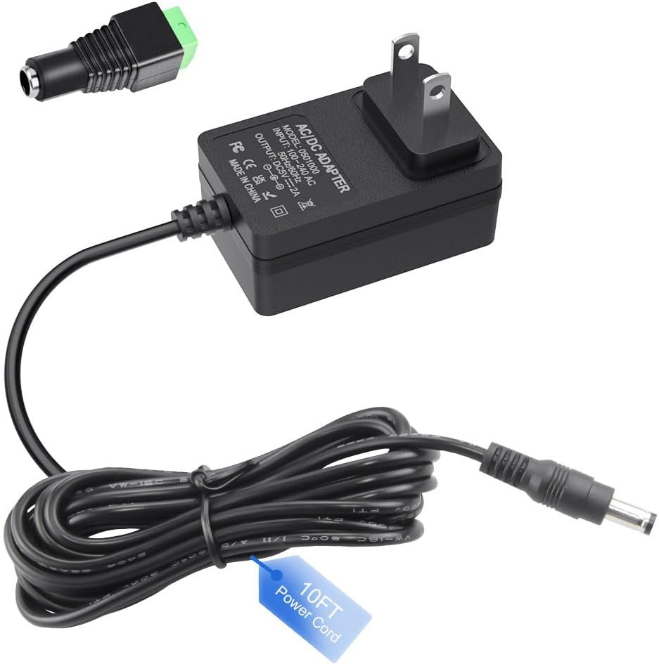 5V 2A Power Supply 5Volt 2Amp AC Adapter 100-240V DC 5V Power Cord 10FT with DC