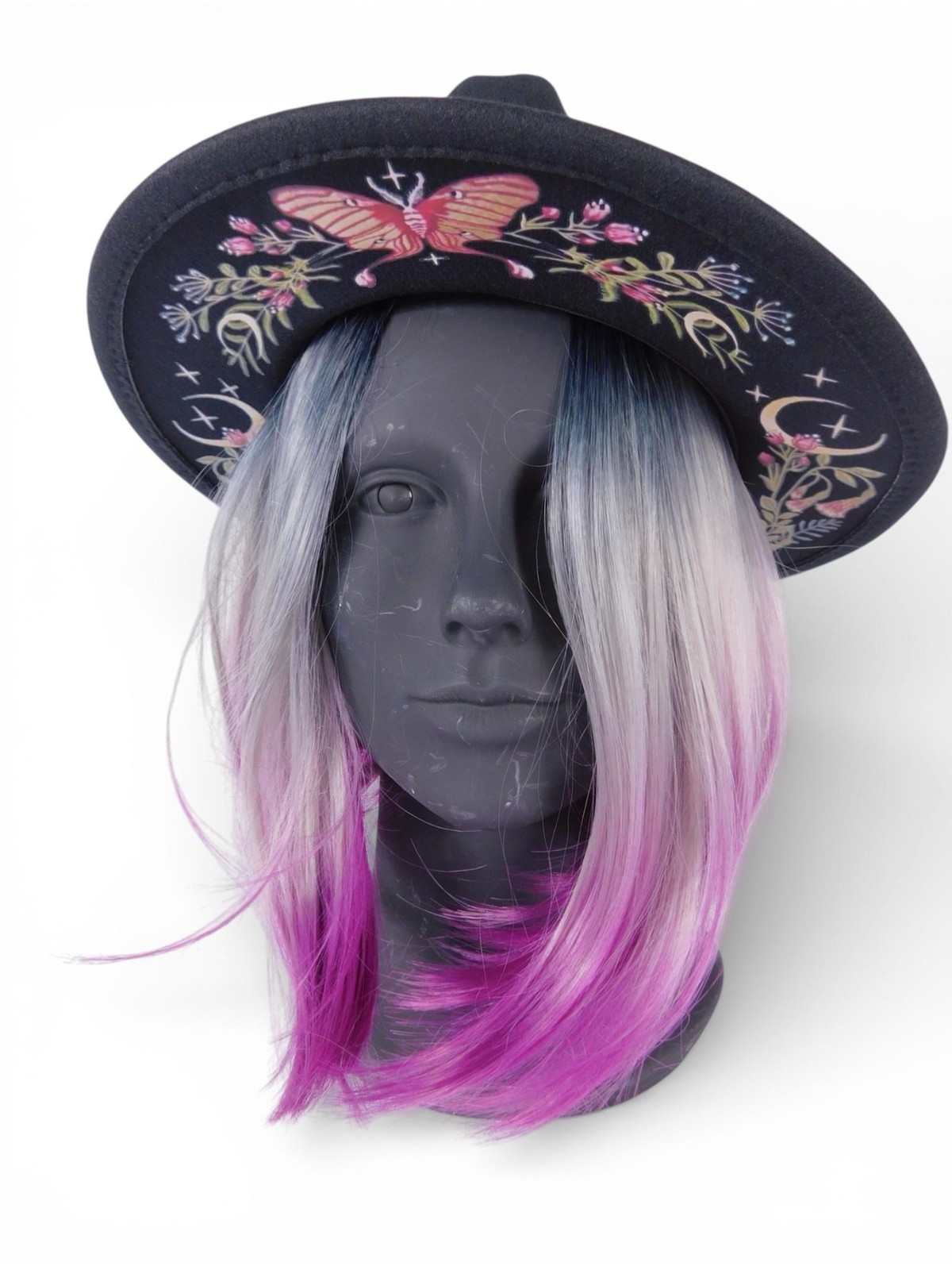 Wide Brim Fedora Hat Womens 7 1/8 Black Embroidered Butterfly Moon Floral Boho