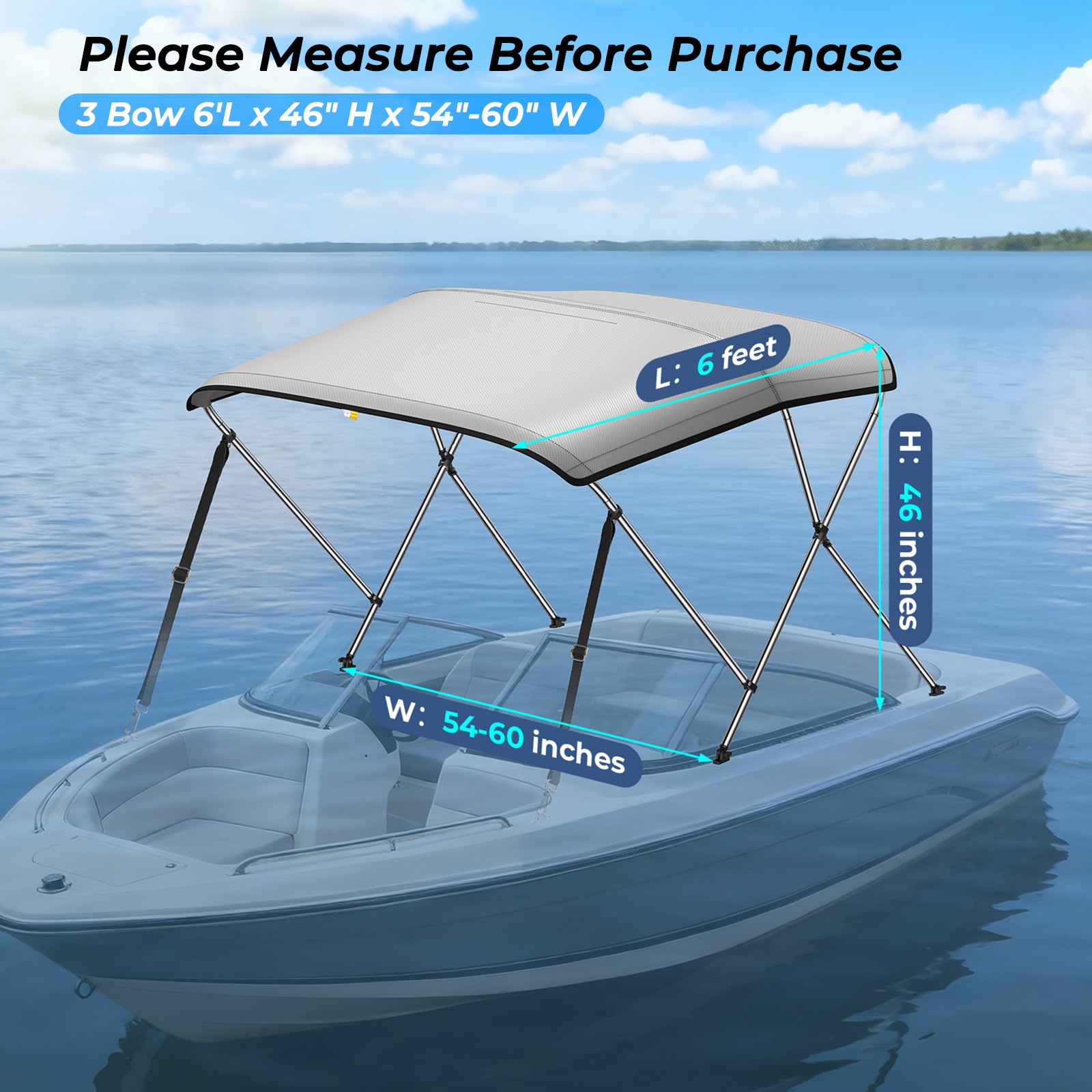 1200D Canvas Bimini Top 3 Bow 4 Bow Boat Cover w/Adjustable Rear Support Poles