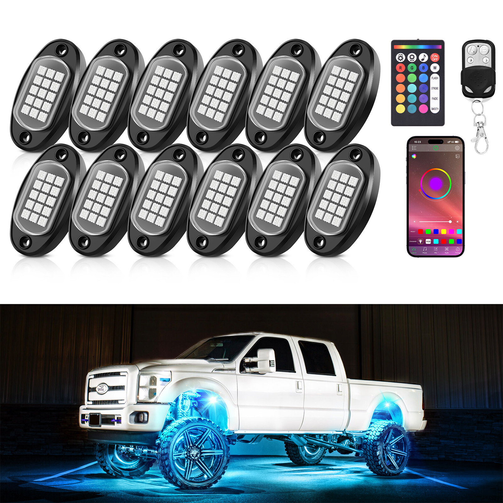 12 Pods RGB LED Rock Lights, 3 Control Way Bluetooth Remote & Fob Underbody Lamp
