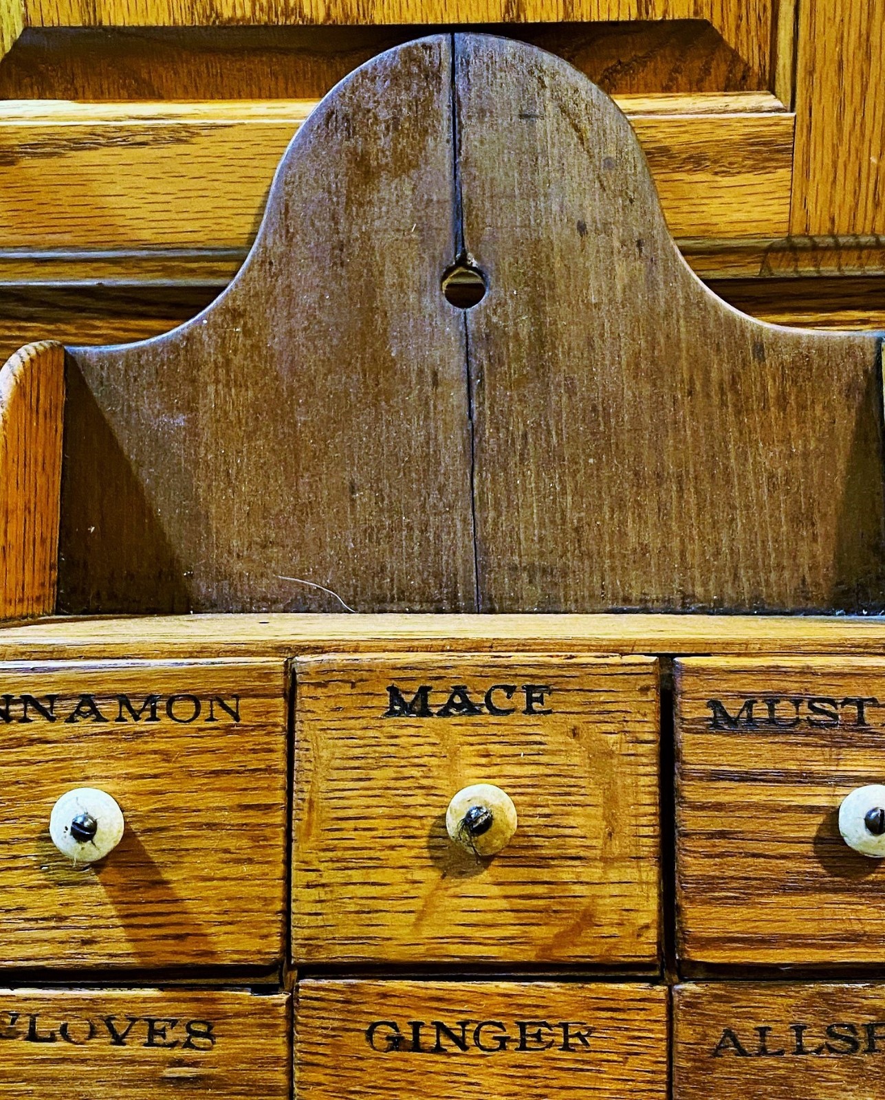 Antique OAK Wood Apothecary Spice Cabinet Primitive 11 Labeled Drawers 24" x 10"