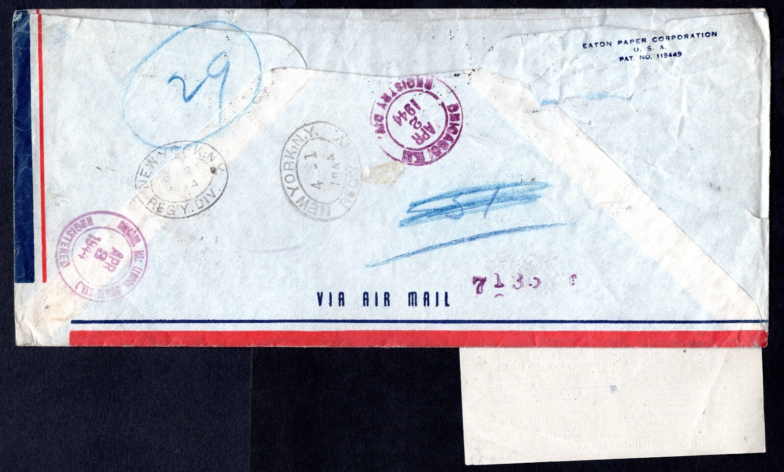 ICELAND TO US VIA UK 1944 WAR TIME AIR MAIL CENSORED BY BRITISH