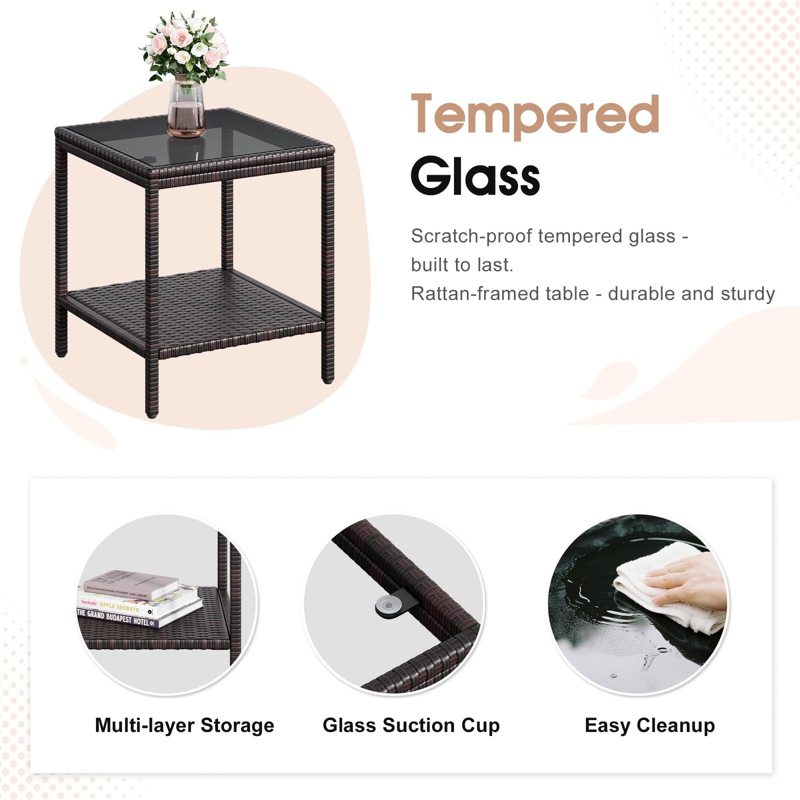 3-Piece Patio Conversation Set Wicker Rattan with Coffee Table Dark Brown Beige