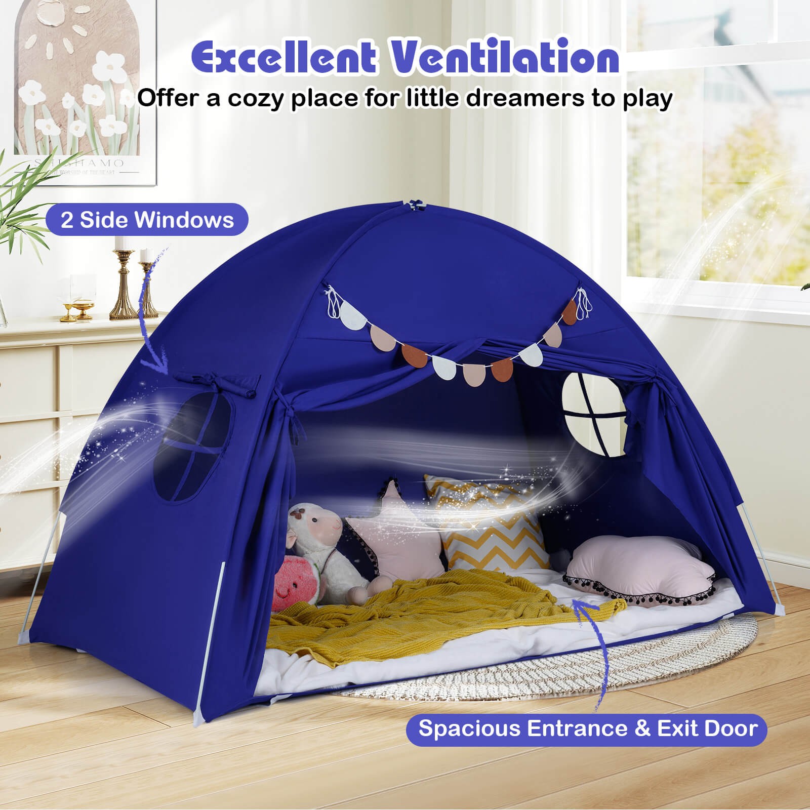 Twin Size Bed Tent w/2 Windows, Flags for Boys & Girls Aged 3+ Years Old