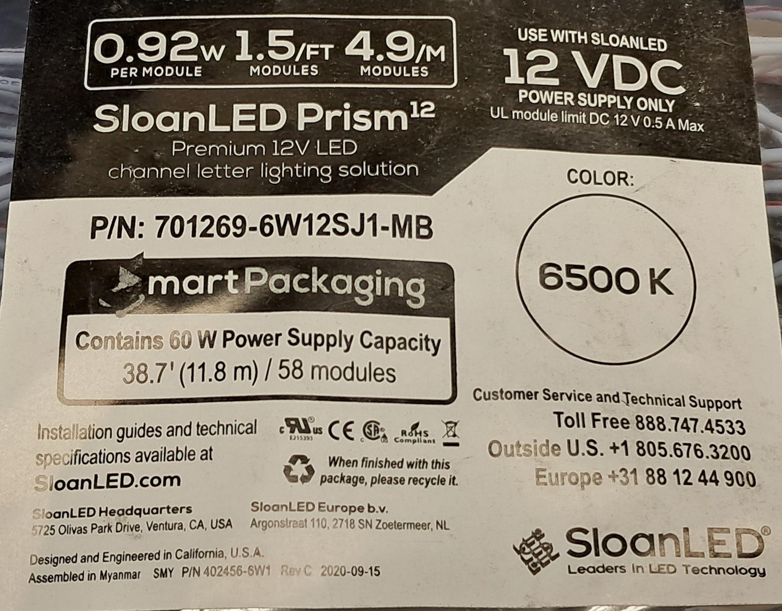 SloanLED Prism 12V 6500K White Channel Letter 58 Modules 701269-6W12SJ1-MB