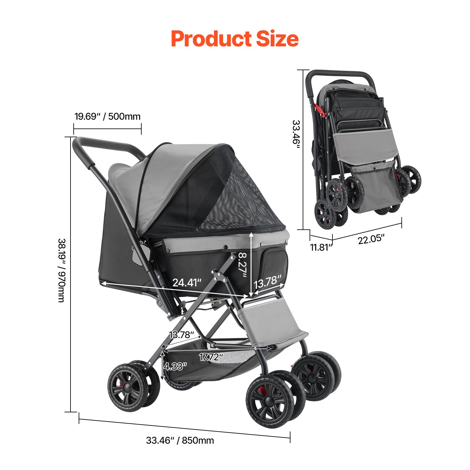 Pet Stroller Foldable 4 Wheels Travel Dog Stroller Reversible Handle up to 44lbs