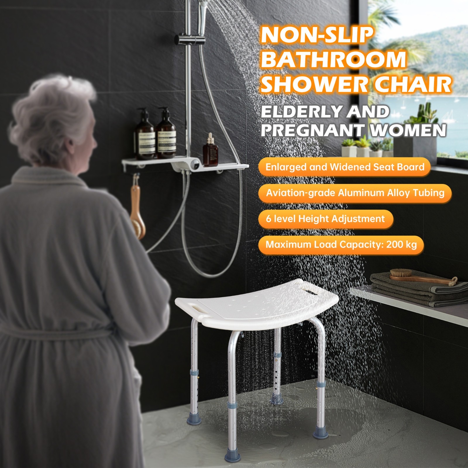 Adjustable Anti-Slip Shower Stool for Seniors, Armless Seat