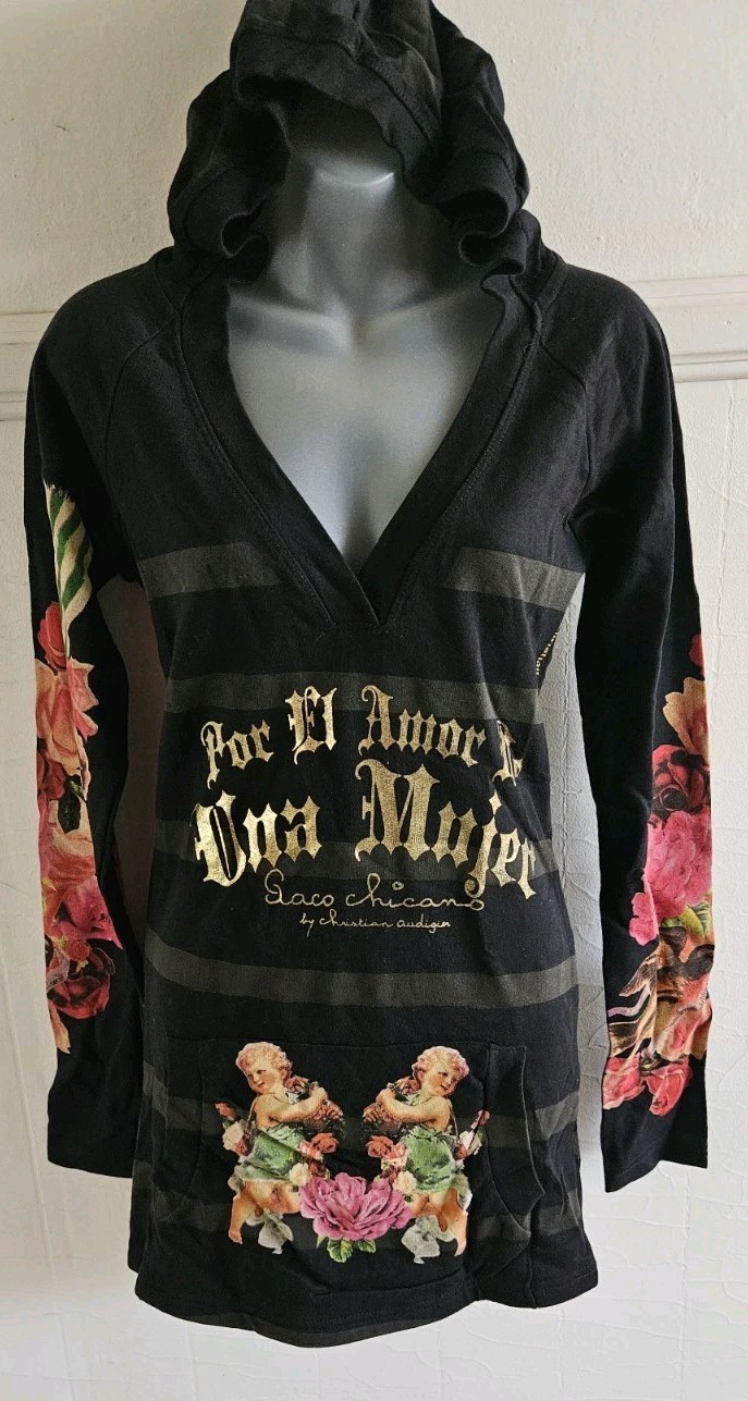 Paco Chicano by Christian Audigier V-Neck Hoodie Angel Floral Black L