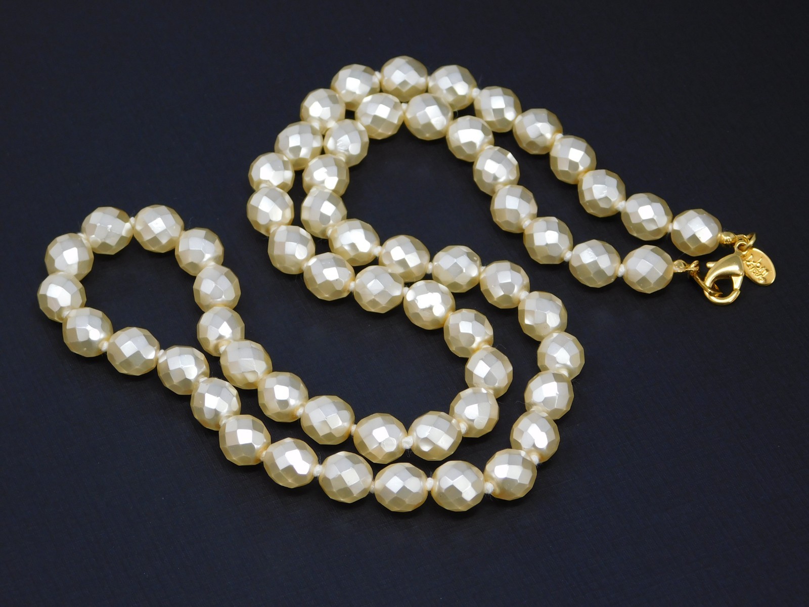 Vintage JOAN RIVERS Cream Hand Knotted Faceted Faux Pearl Glass Bead Necklace