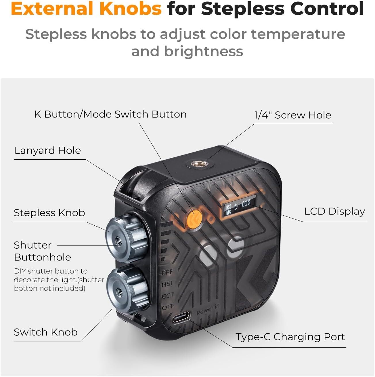 K&F Concept Portable RGB Video Light 360° Full Color LED Camera Light for Selfie