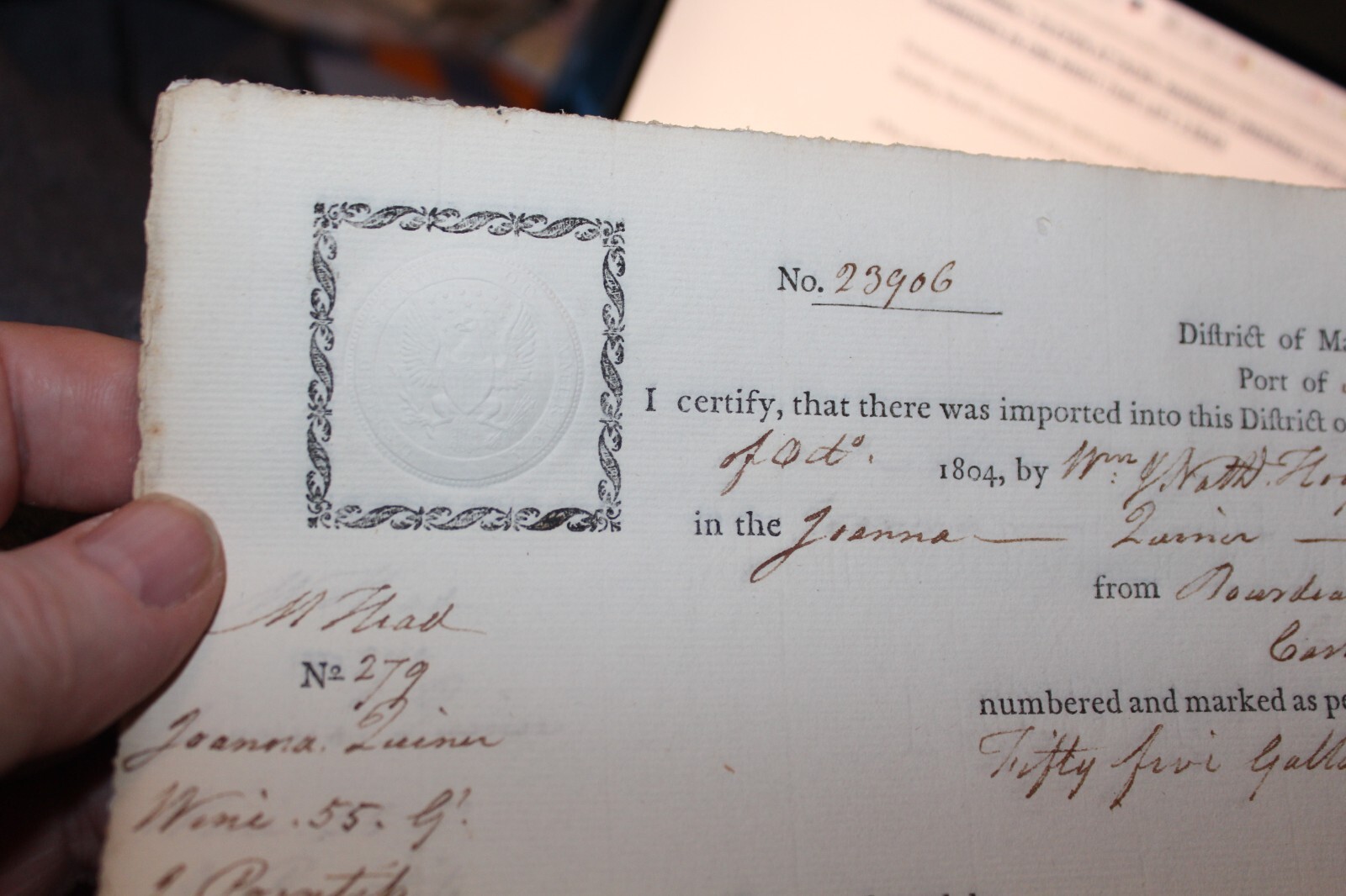 Import Certificate 1804 Marblehead Autograph Benjamin Lincoln Washington's Aide