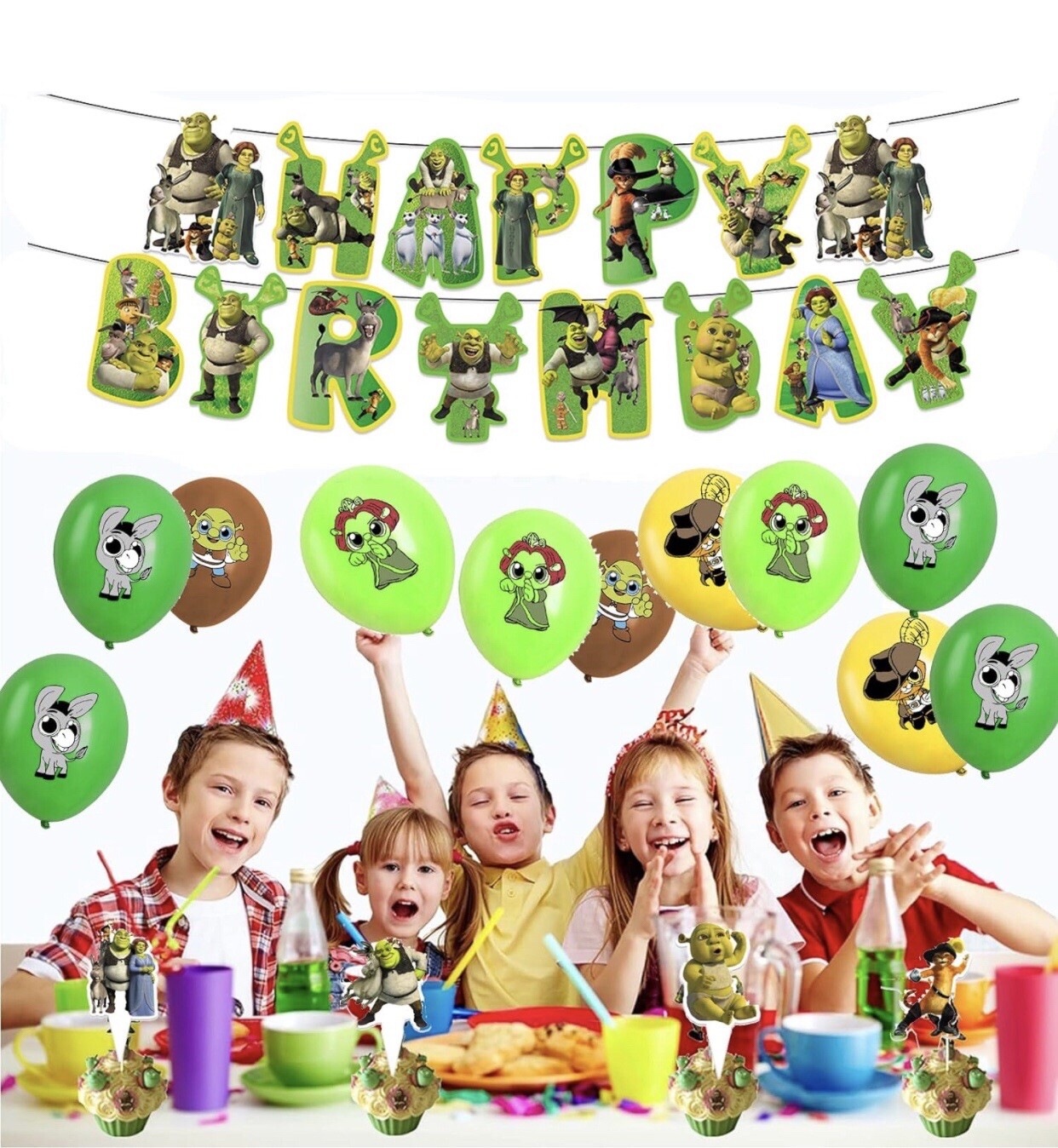 Shrek Theme Kids Birthday Party Decorations Set,Balloons Banner Cake Toppers NEW
