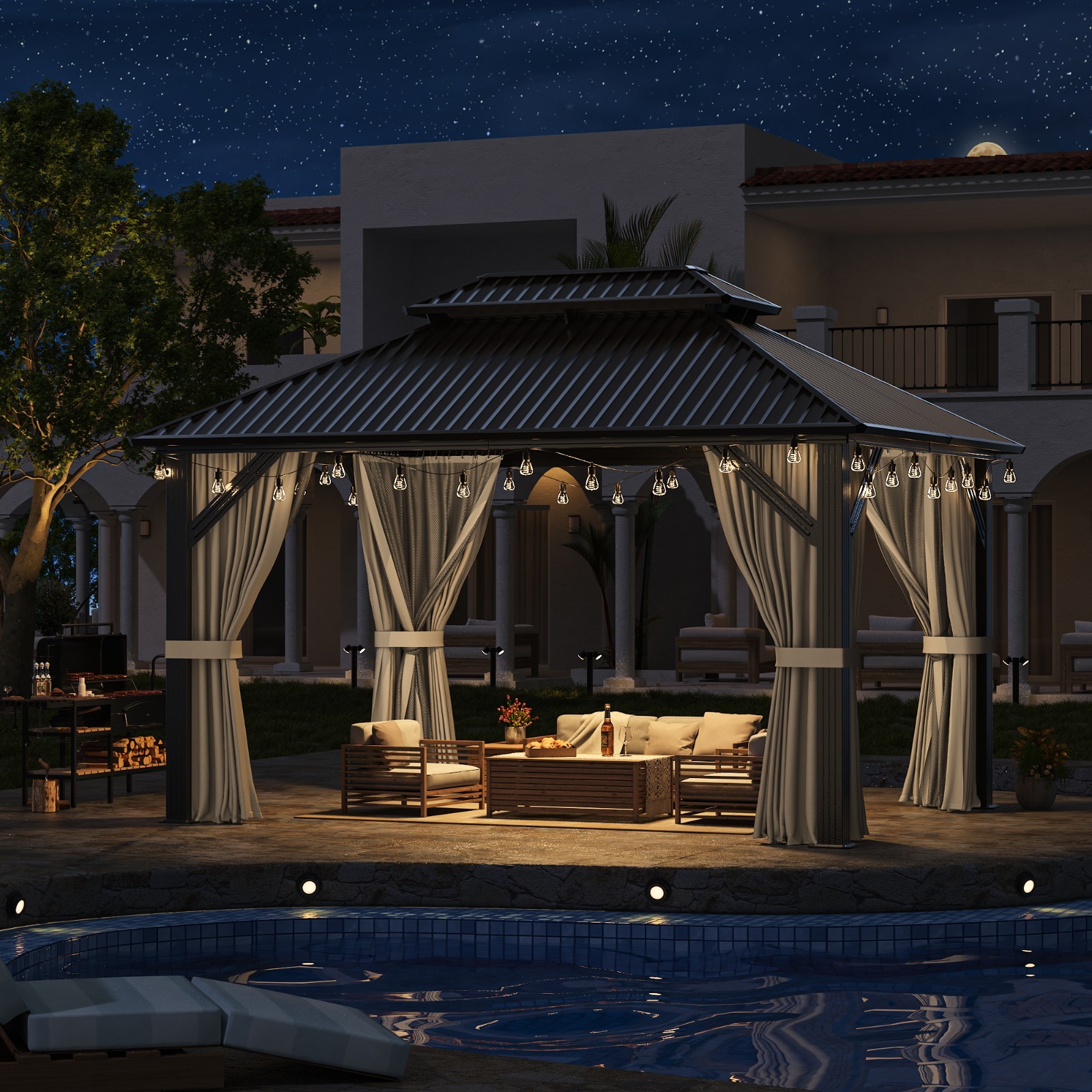 10 x 12 ft Hardtop Gazebo Steel Double Roof with Curtains