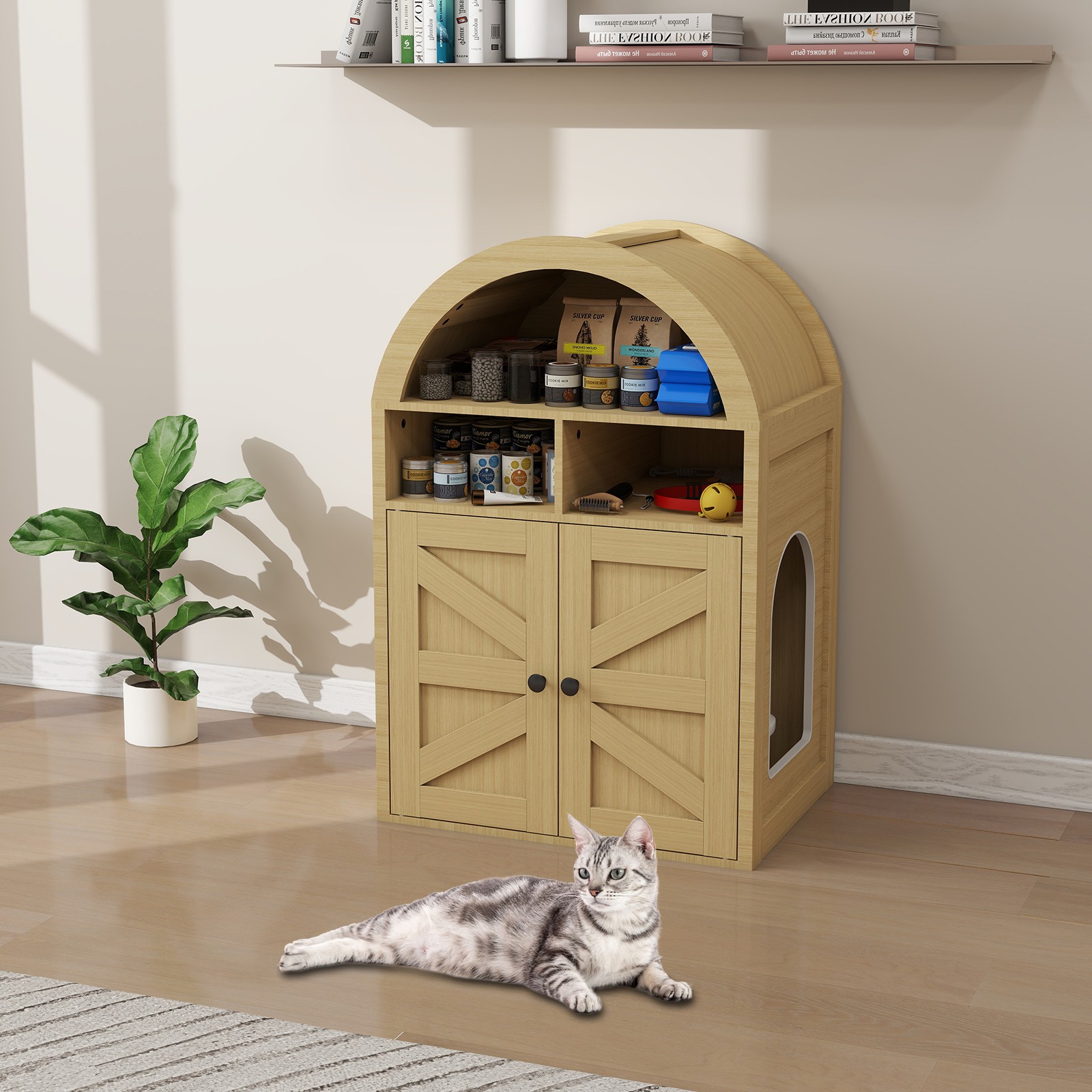 Arched Cat Litter Box Enclosure Furniture with Storage - Pet Supplies Organizer