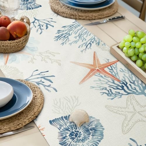 Nautical Coastal Table Runner 13x72 Inch Ocean Themed Coral 13"W x 72"L