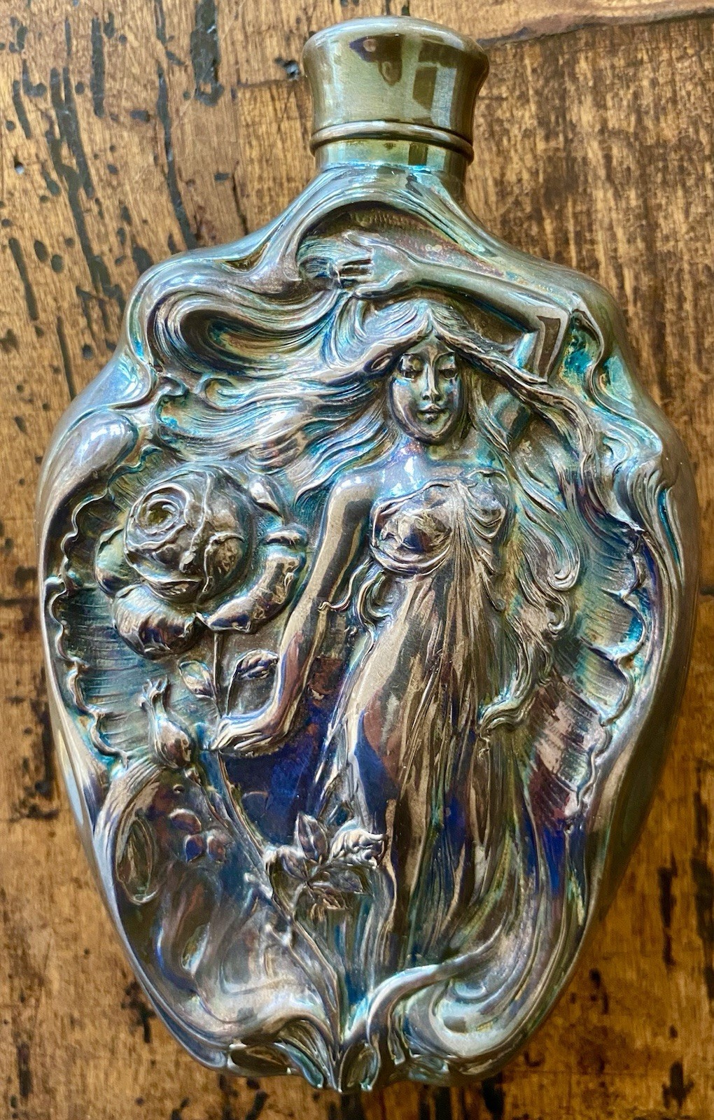Art Nouveau Spirit Flask Victor Silver Co Nymph Relief Iridescent Barware Superb