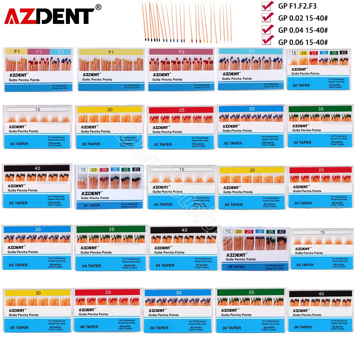 AZDENT Dental Endodontic Gutta Percha Point Taper 0.02/0.04/0.06 15-40#/F1,F2,F3