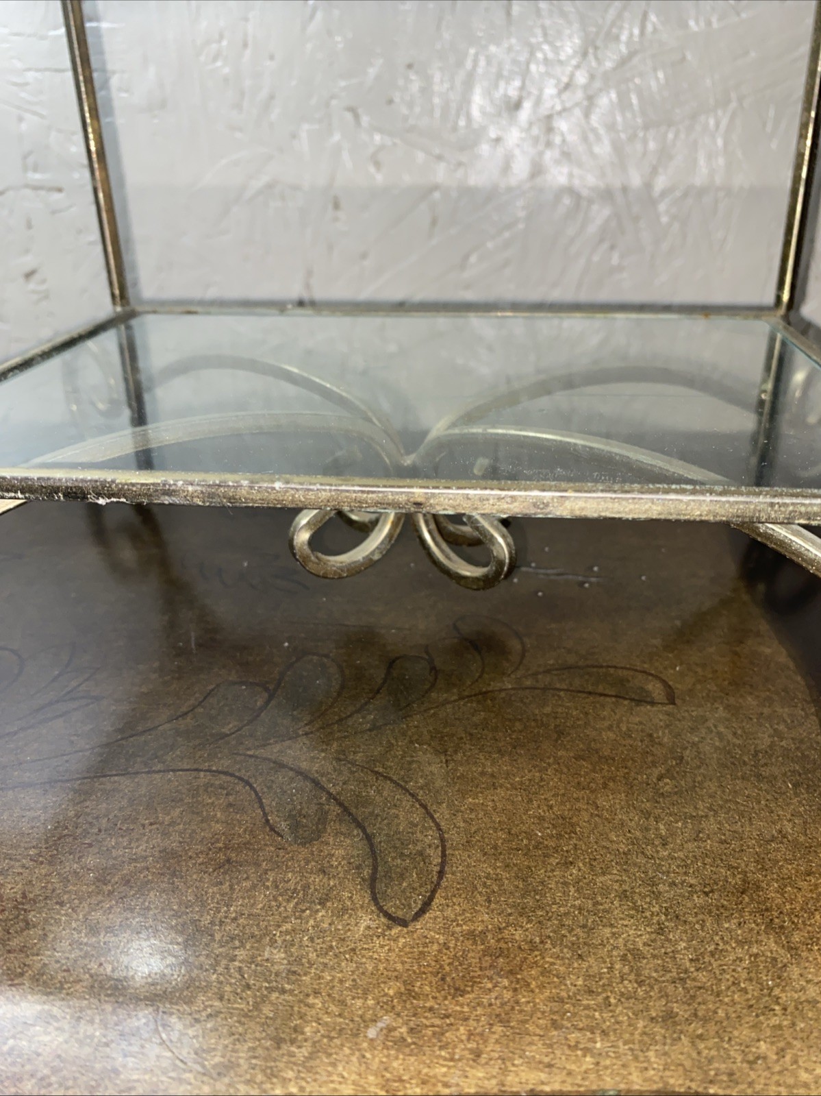 Vintage Two Tiered Shelf Brass Metal Frame With Two Glass Shelves Free Standing