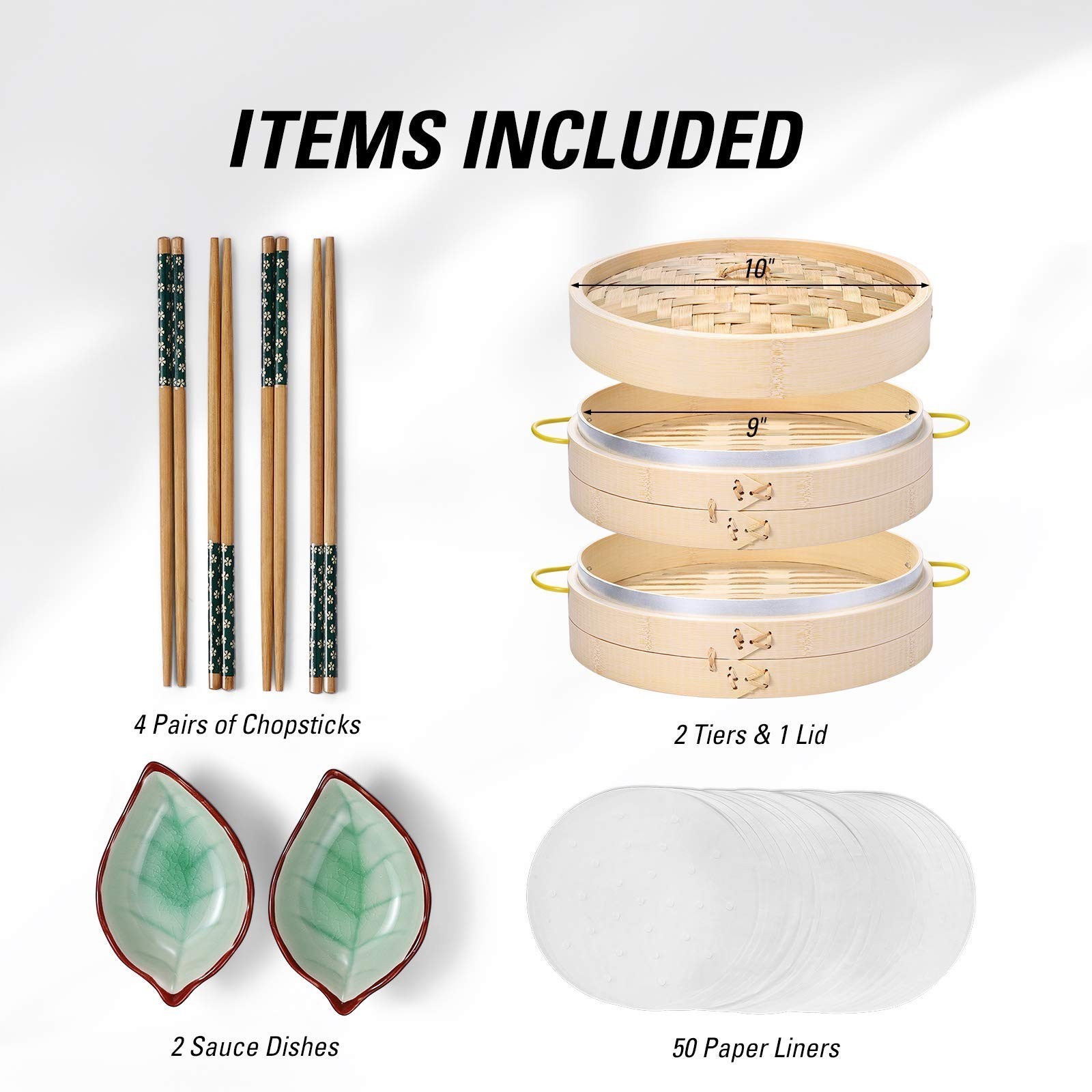 MacaRio Bamboo Steamer Basket Set 10 inch Steamer for Cooking, with Side Hand...