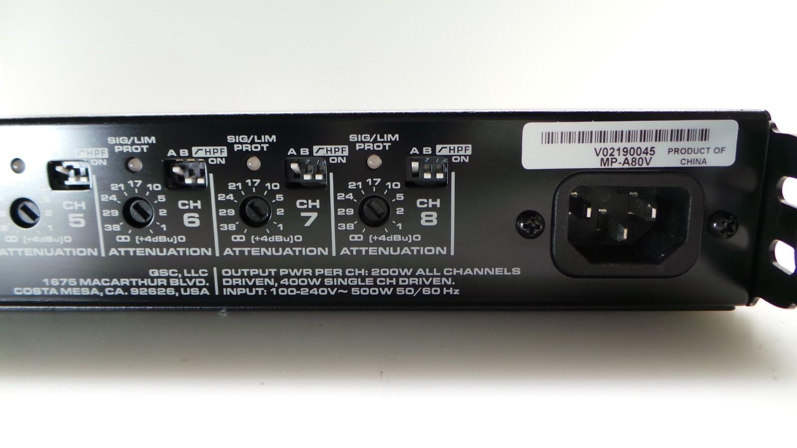 QSC MP-A80V 8-Channels 200W LO-Z/HI-Z Commercial Amplifier - Used - Read