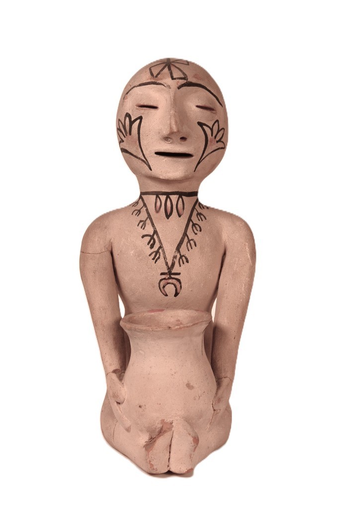 Larger Tesuque Pottery Ruin God Effigy  ca. 1920  9.75" H x 5.5" L x 4.5" W