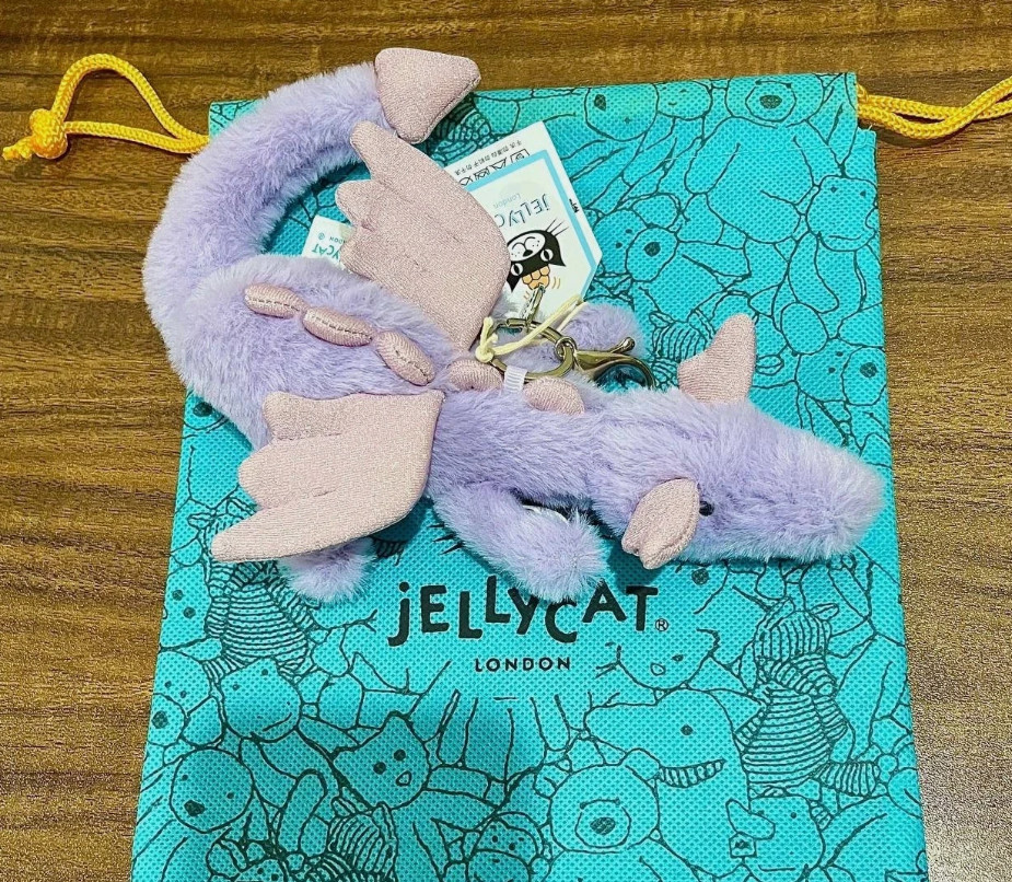 NWT Jellycat Purple Dragon Bag Charm Keychain Soft Plush Toy Gift With Dust Bag