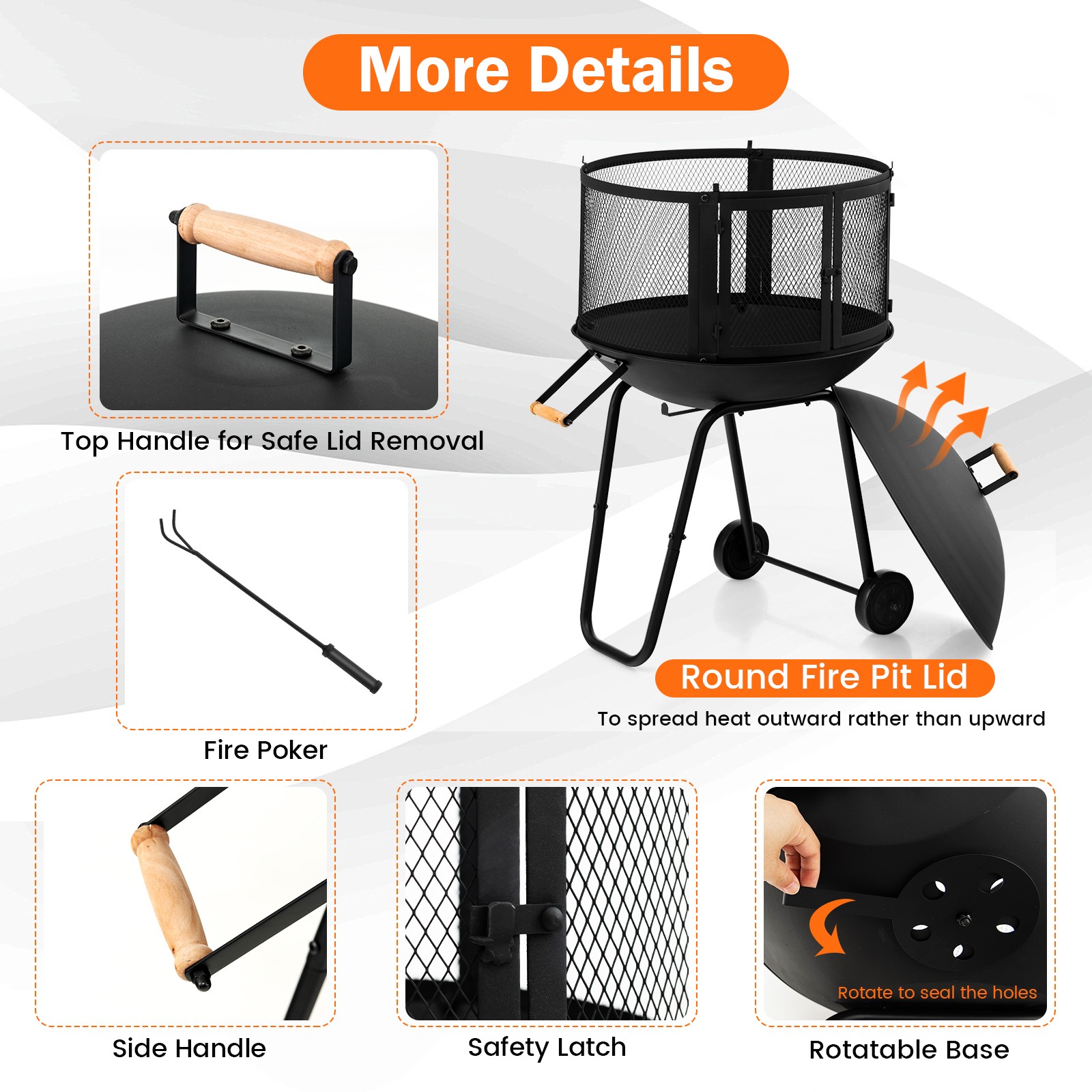 28" Patio Rolling Fire Pit Wood Burning Firepit w/ Wheels Mobile Fireplace