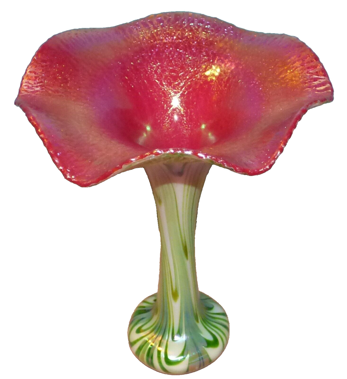 Charles Lotton Aventurine Art Glass Vase 2009 White/Green Pulled Feather 12 1/4"