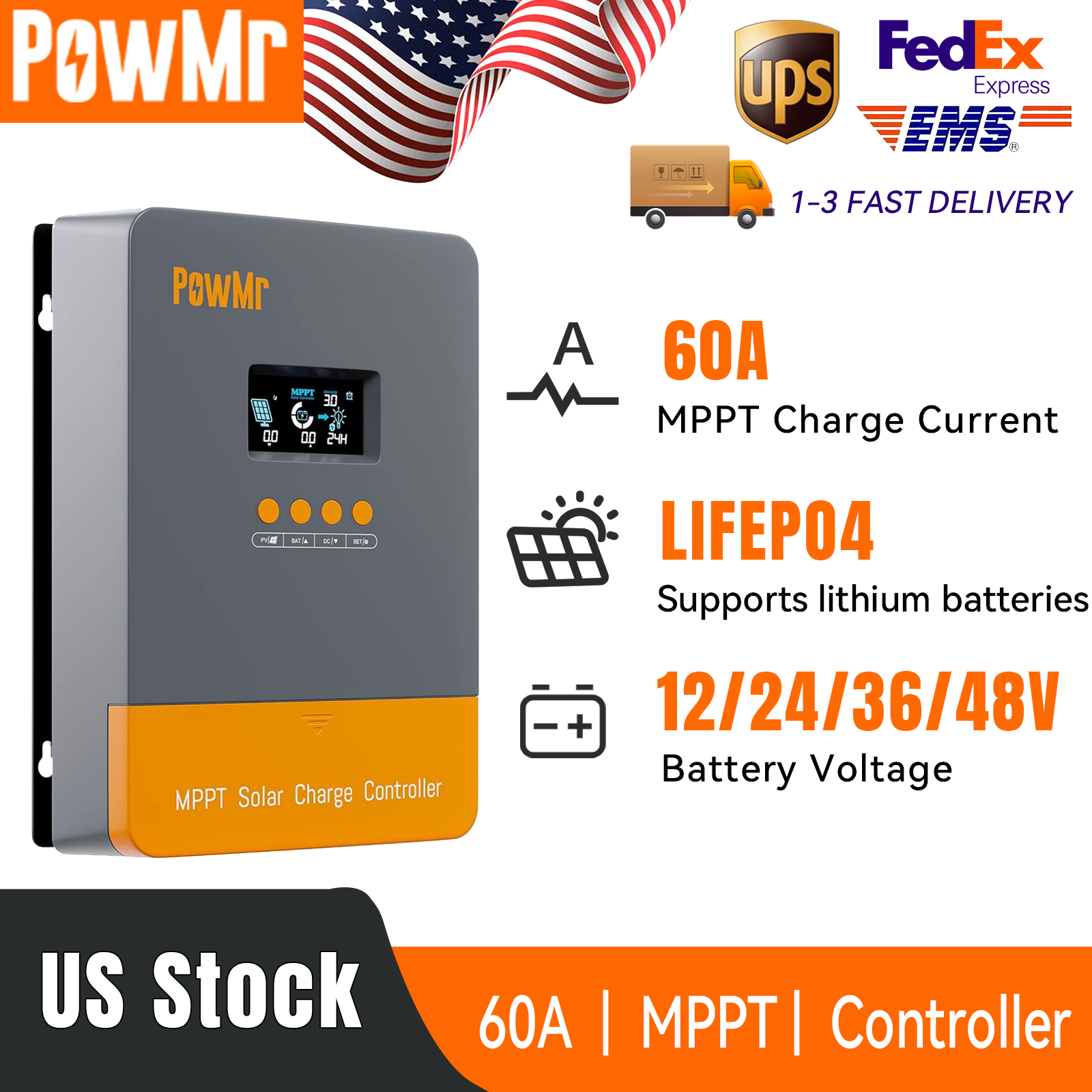 60A MPPT Solar Panel Battery Charge Controller 12V/24V/36V/48V LCD Regulator USA