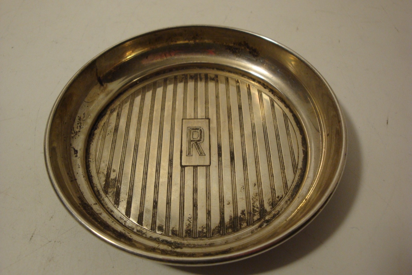 Vintage sterling silver drink coaster or butter pat monogrammed "R" 58 grams