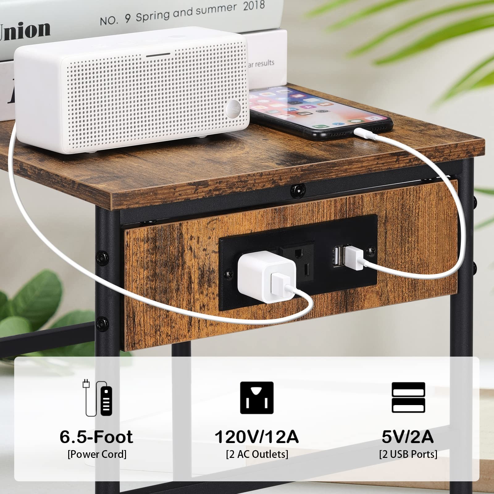 MOOACE Nightstands Set of 2, End Table with Charging Station, 2 Tier Narrow S...