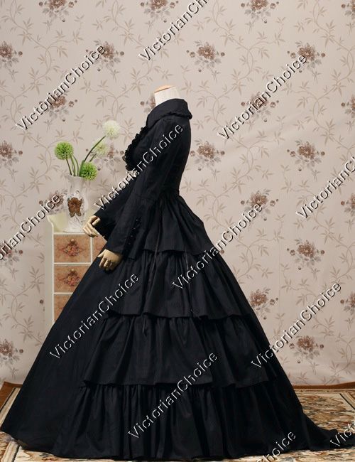 Black Victorian Gothic Maid Mourning Dress Steampunk Witch Halloween Costume 007