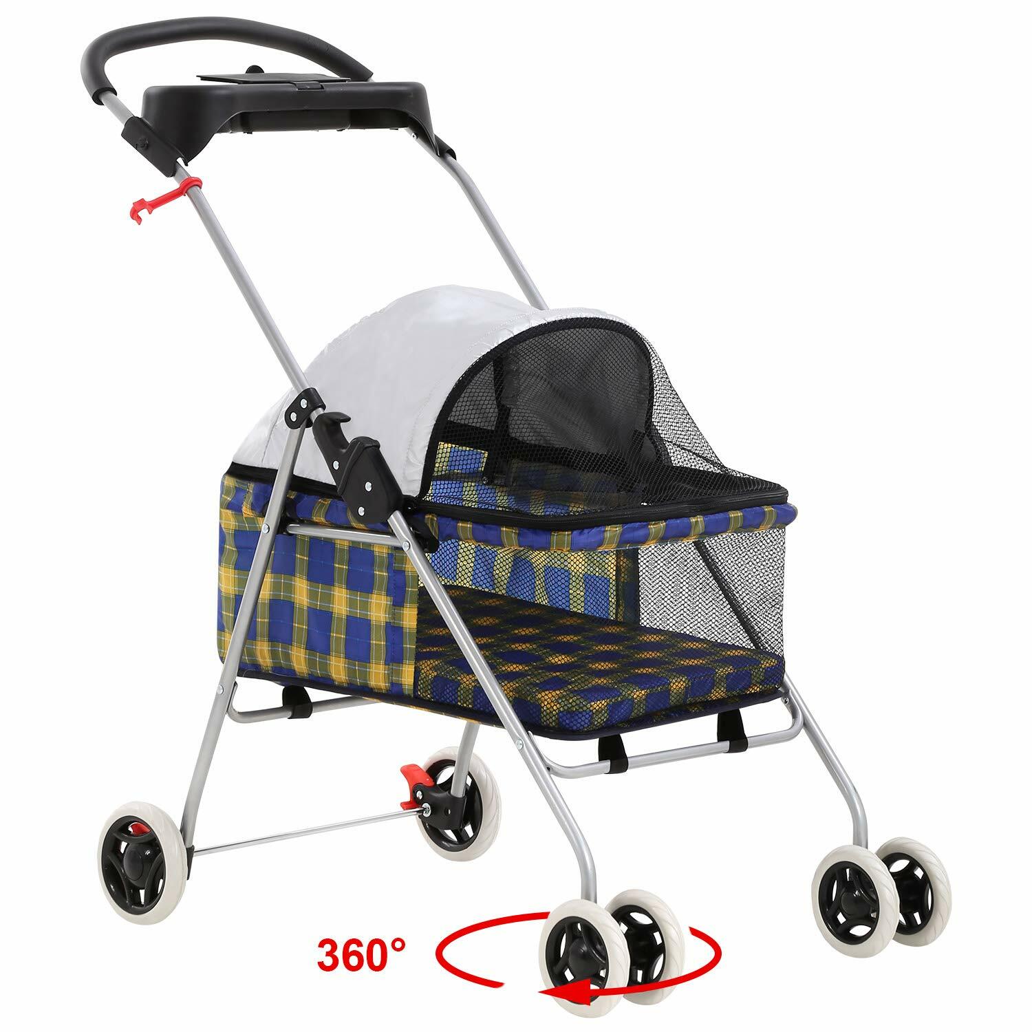 4 Wheels Pet Stroller Folding Cat Dog Cage Stroller Travel Carrier W/Cup Holder