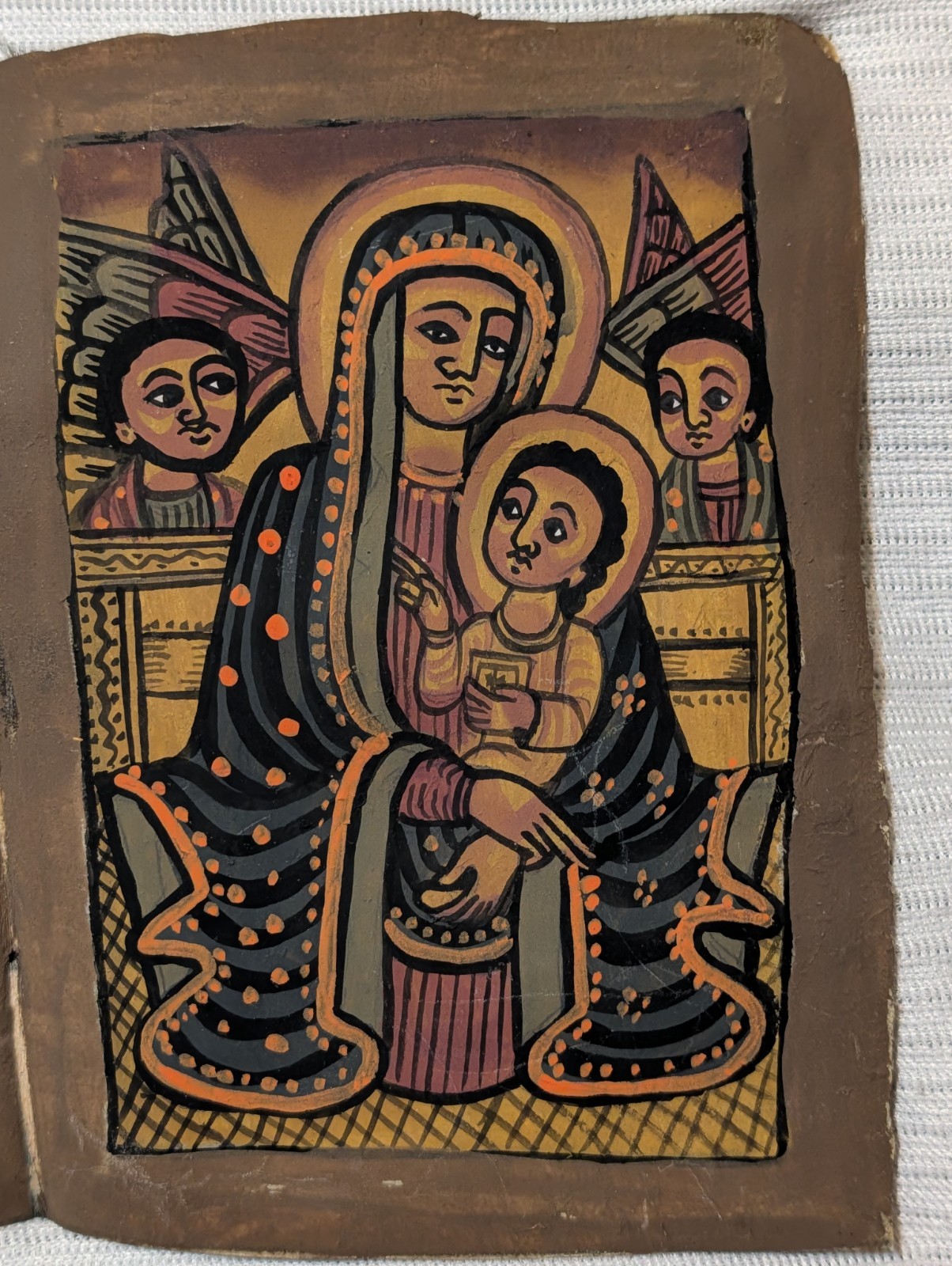 Two Antique Ethiopian Bible Painted Leaves Manuscript Virgin Mary Infant Jesus