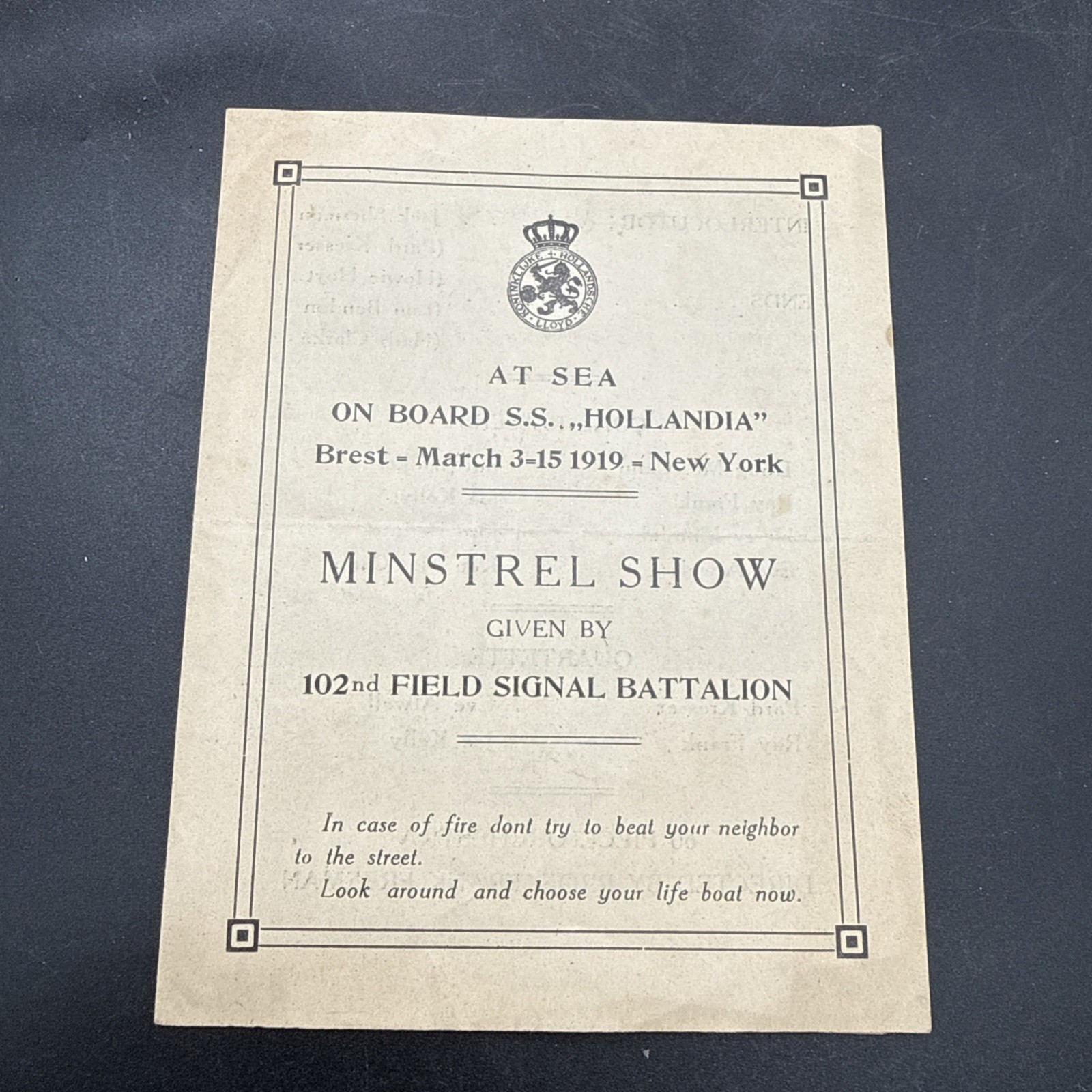 WWI 102nd Field Signal Battalion S.S. Hollandia Troop Ship Steamship Minstrel