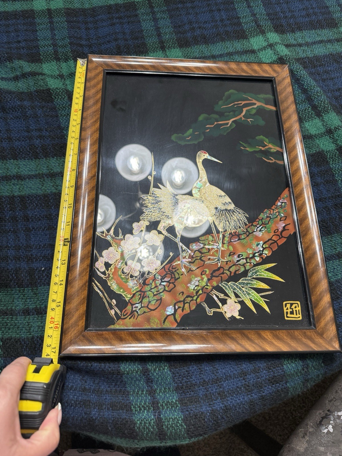 Japanese Framed Art with Cranes, Floral Motif, Mother of Pearl Inlay, Handmade