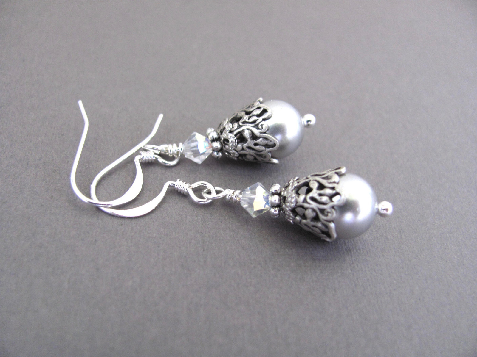 Silver Gray Crystal Pearl Earrings Birthday Wedding Gift Birthday Holiday Party