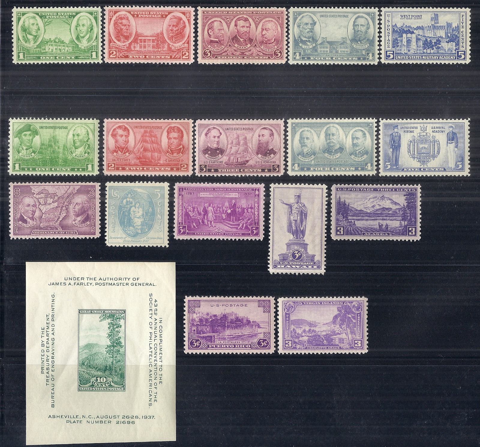 US 1937 Complete Commemorative Year Set of 18 w/ SS - Army & Navy - MNH