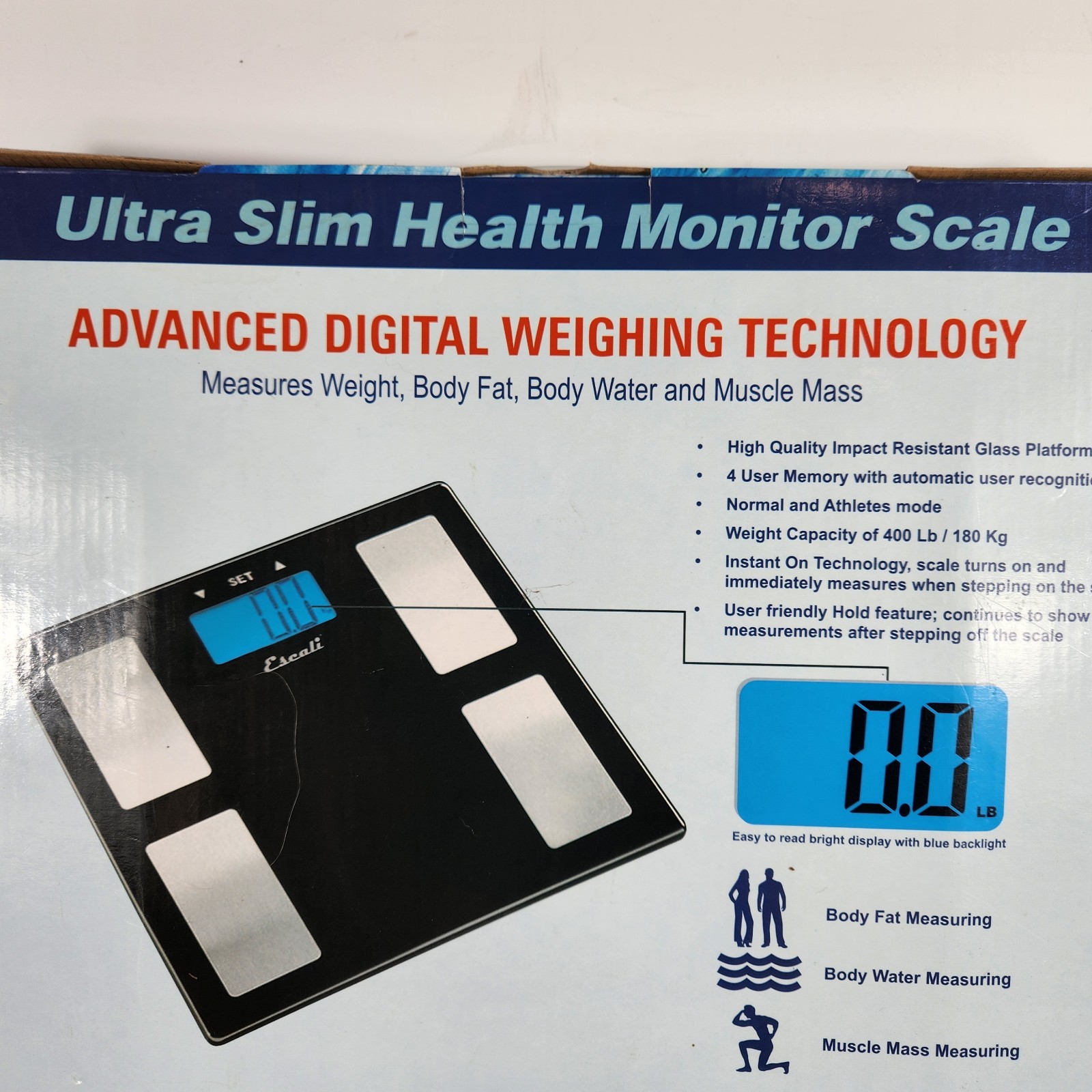 Escali Bathroom Scale Ultra Slim Health Monitior 400 Lbs Body Fat Muscle Mass