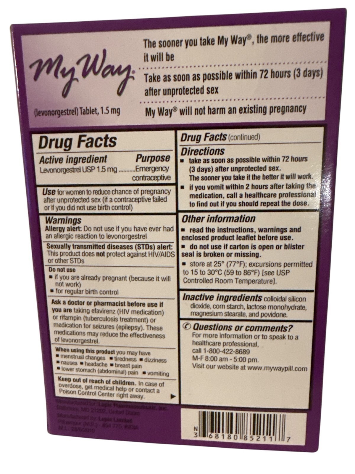 My Way Emergency Contraceptive 1 Tablet Compare to Plan B One Step Exp 07/2027