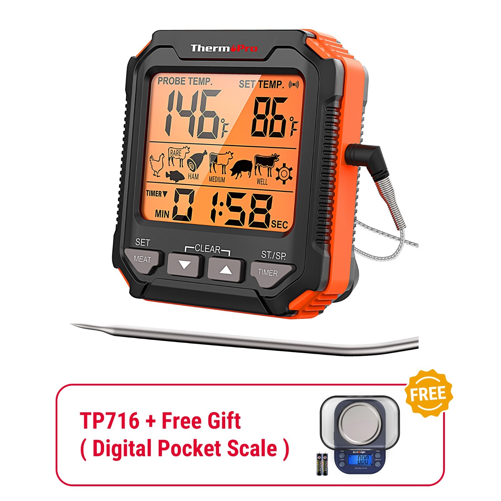 ThermoPro TP716 Leave-In Digital Meat Thermometer for Oven Grill BBQ Stovetop