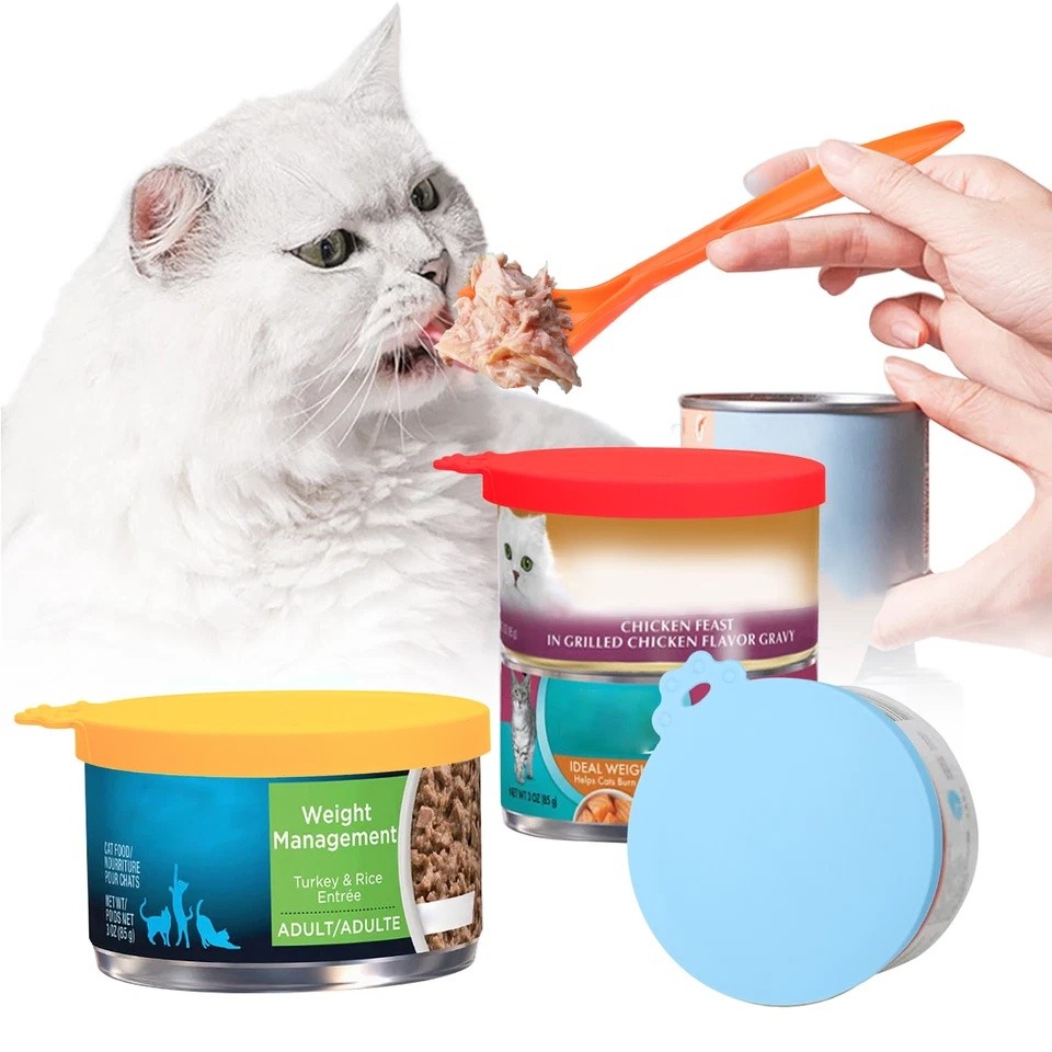 5x Pet Food Can Covers Universal Can Lids Safe Silicone Dog Cat Food With Spoons