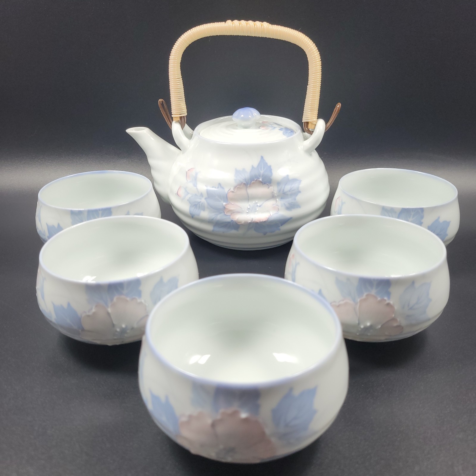 Arita Ware Magnolia Tea Set Teapot & 5 Cups Ichijin Showa Floral Bamboo Handle