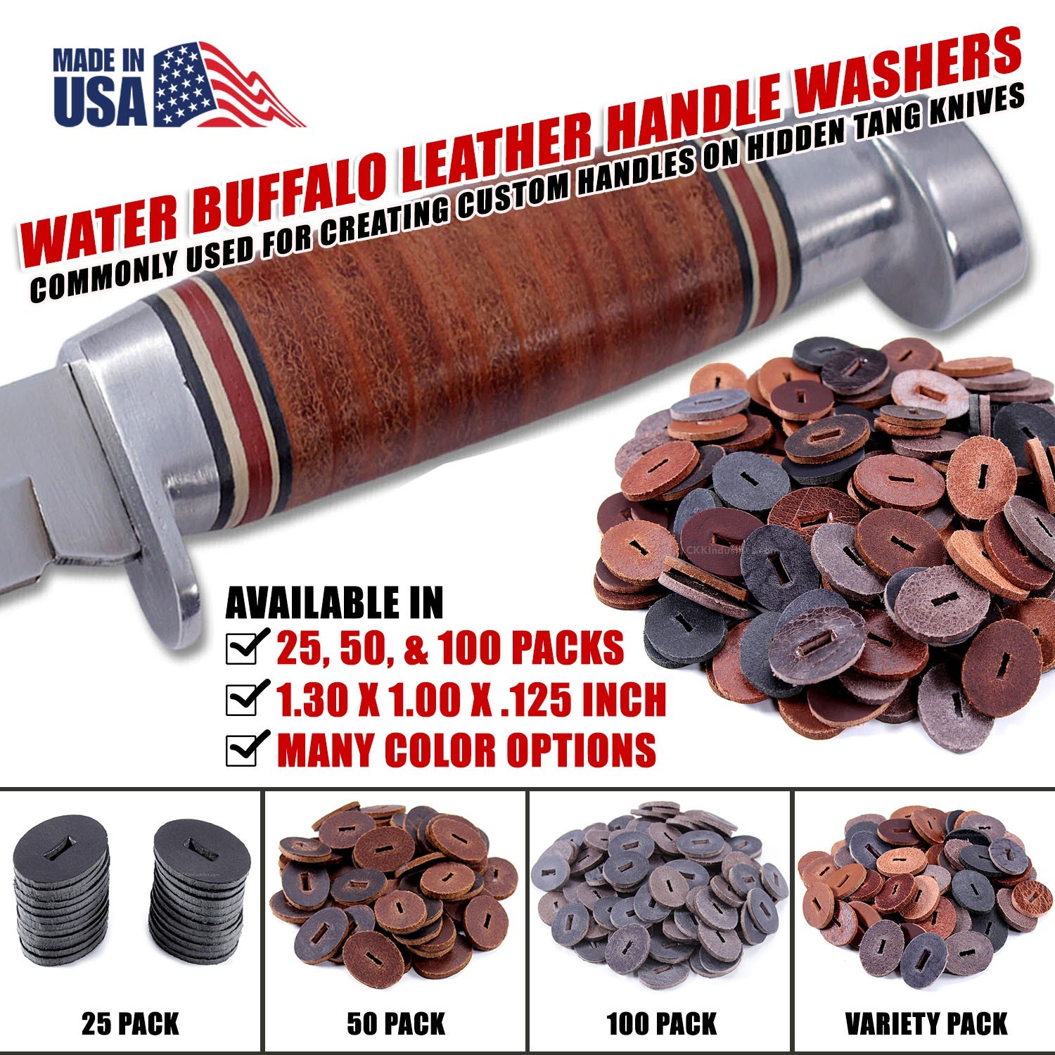 Water Buffalo Leather Knife Handle Washers - Oval - 1.25in - 25, 50, & 100 packs