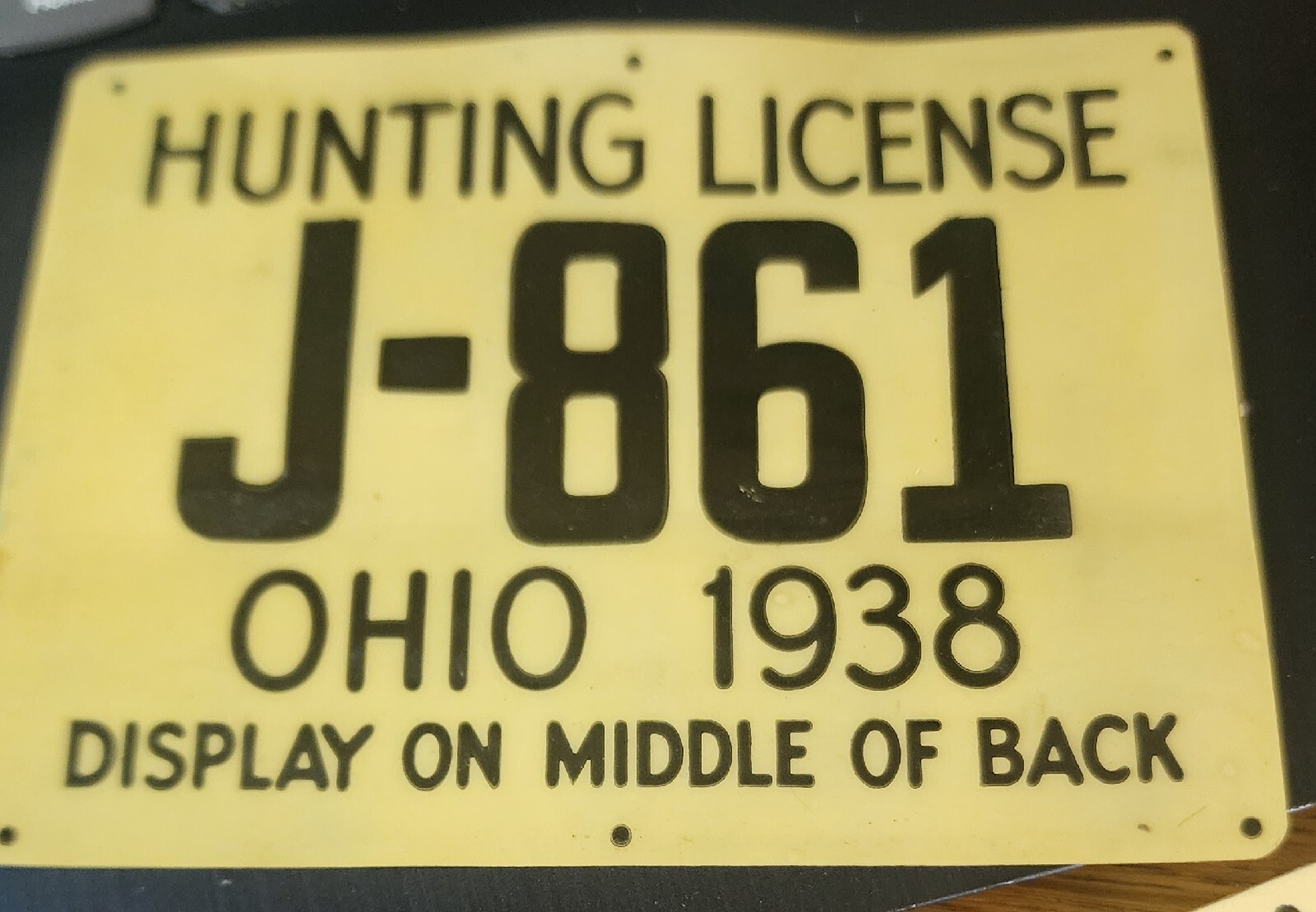 Vintage 1938 Rare Celluloid Ohio Hunting License Plate Tag Display on Back. VGC