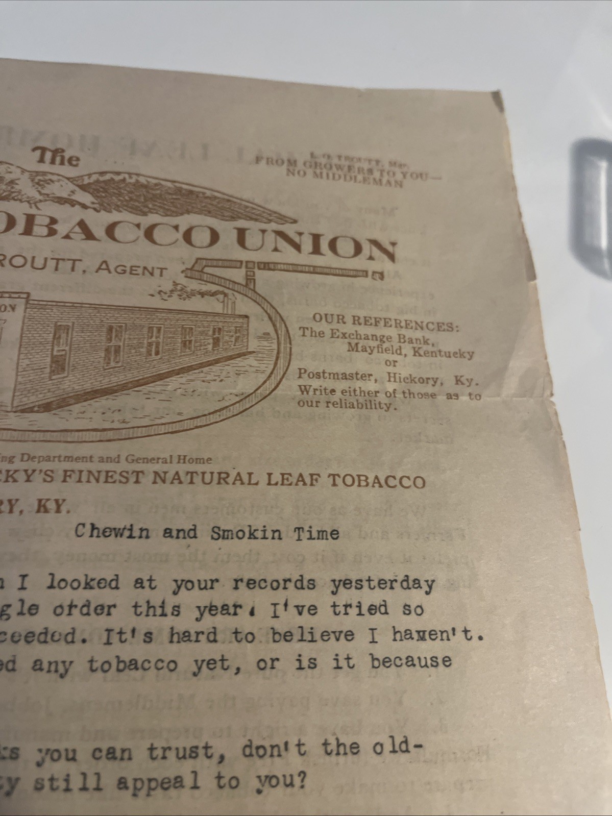 1920s letter from L.O. Troutt of Troutt's Tobacco Union To Long Lost Customer