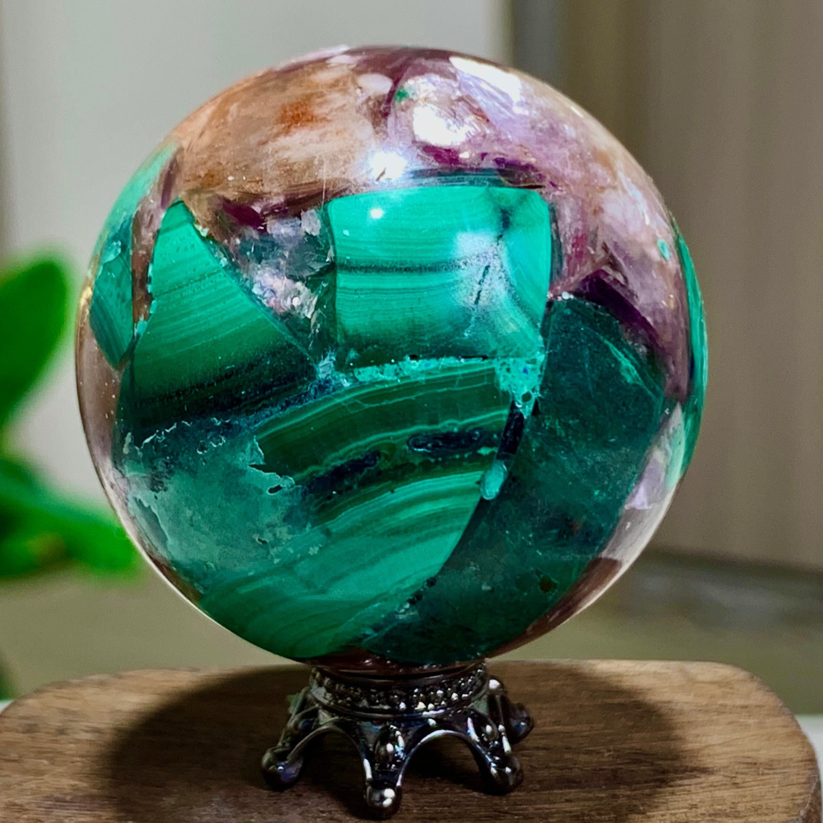 79G Newly discovered rare malachite purple mica symbiotic sphere restoration